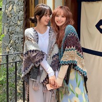 백약99 겨울 가을 봄 간절기 에스닉 보헤미안 숄 캠핑 여행 외투 숄 컬러풀 망토 담요 망또 니트 태슬 케이프 목도리 담요