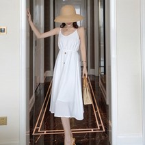 프렌치 선녀 스커트 화이트 오프숄더 허리 걷기 해변 리조트 멜빵 스커트 기질 V 네크라인 비치 원피스 여자