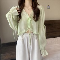 간절기 가디건 봄자켓 니트 달콤한 프릴 레이스 업 카디건 여성 여름 긴 소매 선 스크린 자켓 여성 캔디 컬러 쉬폰 자르기 탑스