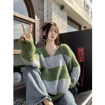 DFMEI 당색 굵은 스트라이프 브이넥 보들보들 나른 박시핏 긴팔 니트에옷