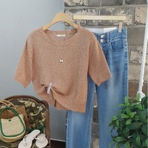 상상그이상 여성용 국내제작 린넨 부클 라이더 크롭 라운드넥 니트 여름니트 얇은 부클니트티 내추럴 여리핏 기본니트