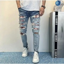 남자 패치 워크 데칼 블루 피핑 슬림 핏 청바지