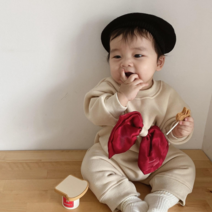 영아 유아 신생아 돌 아기 여자 남자 아이 크리스마스 촬영 생일 파티 기모 베이지 리본 베이비 실내복 바디 슈트