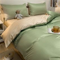 단색 세척 실크 4 피스 세트 간단한 컬러 블록 텐셀 침대 시트 퀼트 커버
