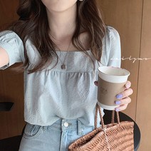 여성여름티셔츠 여자크롭티 여름여자반팔티 여성 격자 무늬 블라우스 스퀘어 칼라 느슨한 한국 스타일 레저