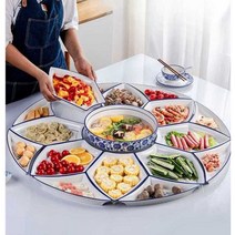월남쌈 나눔 접시 도자기사각접시 멜라민그릇 고기 손님상 중식당멜라민그릇, D 연꽃 70cm 파란색흰색 부채꼴10 SET