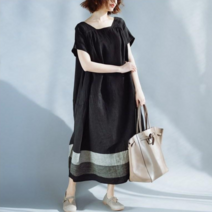 [엔젤D] 당일발송!! 밑단 투라인 배색 린넨 아사 롱 원피스