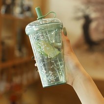 420ml Ins 버블 티 컵 반짝이 물병 이중 레이어 휴대용 텀블러 빨대 플라스틱 커피 뚜껑 누수 방지 컵, 02 Green_03 520ml