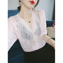 기질 펀칭 v넥 니트 가디건 얇은 여성 여름 2022년 패션 서양 캐주얼 프렌치 상의