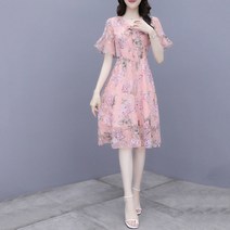 DFMEI 쉬폰 플라워 원피스 여 여름 슬림 허리 미드컷 a자치마