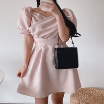 여자 러블리 셔링 랩브이 벌룬 분홍 끈 미니원피스