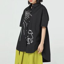 지홍 여름 반팔 롱블라우스 셔츠 프린팅
