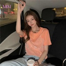 여름 화이트 오렌지 반짝이 여성 반팔 티셔츠 스팽글