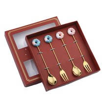 Xingcheng 스테인리스 스틸 골드 도넛 디저트 스푼 포크 세트, 스푼 2개 + 포크 2개, 레드 박스