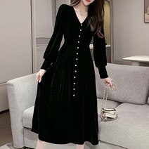 바이스타 빅사이즈 여성 브이넥 벨벳 블랙 롱 원피스