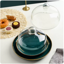 투명 유리돔 케이크돔 청록색도자기받침 푸드커버
