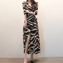 Mayfox여성 V 넥 호피무늬 세련된 롱 랩 원피스