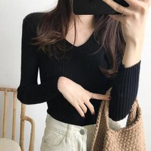 아니카 여자 골지 숏 브이넥 티셔츠 SH-500204