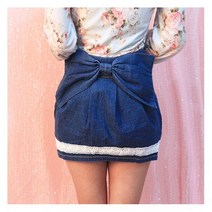 레이스 미니 스커트 치마 라지 리본 데님 타이트 미니스커트 시스