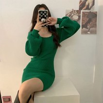 니트원피스S 롱 후드 쉬폰 여름 미니 봄우아한 솔리드 니트 롱 랜턴 슬리브 드레스 여성용 스퀘어 칼라 봄