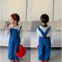 바로배송 청 프릴 데님 슈트 멜빵 바지 여아 키즈룩 키즈패피 문센룩 데일리룩 등원룩 코디 북유럽풍