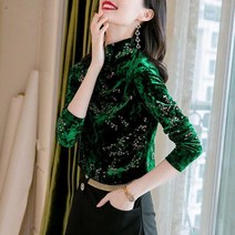 실크블라우스 럭셔리블라우스 그린 벨벳 블라우스 2021 년 가을/겨울 여성 셔츠 긴 소매 터틀넥 기본 레