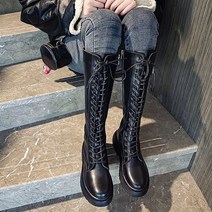 여성 롱부츠 앵글부츠 캐주얼 가을 통굽 지퍼 가죽 슈즈 가을 겨울 따뜻한 두꺼운 단독 니 하이 부츠 여성 가죽 레이스 업 하이 튜브 나이트 부츠 영국 스타일 지퍼 롱 부츠
