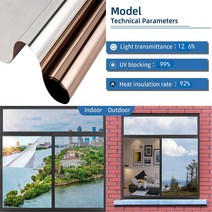 창문단열필름 열 차단 난방 필름 유리 단열 시트지 yajing 8m 감소 창 태양 광 제어 개인 정보 보호 편도 미러 반사 태양 블록 스티커 홈 9, 샴페인, 60x500cm