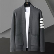 남성 솔리드 컬러 가디건 스웨터 가을 블랙 대조 줄무늬