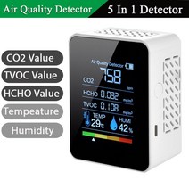 이산화탄소 측정기 미세먼지 가스농도 CO2 센서 5in1 미터 디지털 온도 습도 테스터 이산화탄소 TVOC HCHO, 01 5 IN 1 White 1pcs