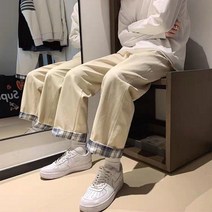 Mao봄 가을 와이드 레그 스트레이트 툴링 캐주얼 바지 남성 격자 무늬 플랜지 스트리트 바지 세련된 느슨한 Bf 슬리밍 모든 일치