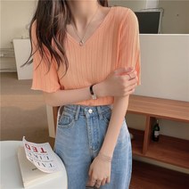 올봄 상의 여인스 블라우스 슬림핏 브이넥 니트 반팔 티셔츠 여름 슬림핏