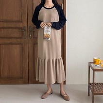 코지 여자 러블리한 밑단 플리츠 포인트 나그랑 배색 롱원피스
