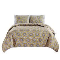 Masterplay 3피스 미세 프린트(269.2cm x 228.6cm(106 90인치)) 퀼트 세트 침대보 (캘리포니아) 캘리포니아 킹 사이즈 침대 커버 (그레이 화이트 옐로우