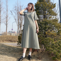 VANANA2 러블리 도일리 레이스 카라넥 맥시 롱 플레어 원피스 카키