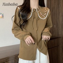 나바바 NB1227 여성 플라워 빅카라 리본 블라우스