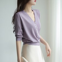 감자주빛반팔티여 래글런니트 봄여름 잔향기 V넥 진주버튼 하프탑