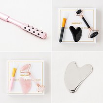 얼굴 마사지기 게르마늄 뷰티롤러 스테인리스 괄사 흑요석 마사지 피부미용 브이라인 혈액순환, 롤러&괄사set 로즈쿼츠