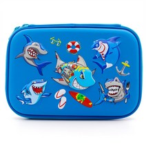 EVA 필백남 대용량 방수 상어 문구함 어린이 만화 필통 3 층 디자인, 큰 상어 블루