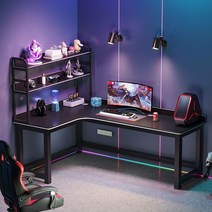 ㄱ자 컴퓨터 책상 게이밍 기억자 탁상 사무용 코너형 L형, 올 블랙 선반 좌측 테이블 세트