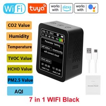 공기질측정기 휴대용 이산화탄소검출기 Tuya-WiFi 지능형 공기질 감지기 PM2.5 CO2 TVOC HCHO 온도 습도 AQ, 02 7 in 1 WIFI Black