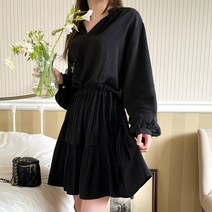헤링본 봄 가을 미니원피스 블랙 브이넥 긴팔 플레어 A라인 스트랩 데일리룩 HF100