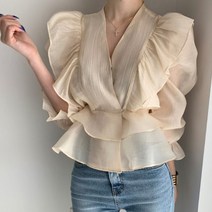 샤랄라 프릴 랩 블라우스 브이넥 날개있는 아라