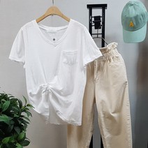 상상그이상 여성용 슬라브면 무지 브이넥 포켓 반팔티셔츠 얇은반팔 데일리티 시원한 반팔티