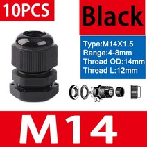 10pcs 케이블그랜드 10Pcs 방수 케이블 글 랜드 M8 M12 M16 M20 M25 M32 M40 검정 플라스틱 씰 조인트 나일, 05 M14-8 BK 10Pcs