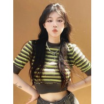 여성 반팔 라운드 크롭 니트티 프렌치 스트라이프 니트 프론트 숄더 티셔츠 여름