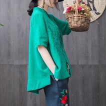 BAISLUN 봄여름신상 여성 자수 반팔 티셔츠 블라우스 빅사이즈 오버핏 루즈핏
