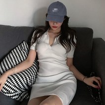 브이 카라 넥 골지 니트 반팔 미니 44사이즈 당일배송 원피스 4color
