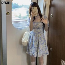 DFMEI 퍼프 소매 플라워 원피스 나무 귀밑 넥 스트랩 스커트