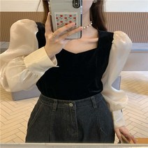 르뚜앙 까망돌 가을 겨울 벨벳 스퀘어넥 퍼프 블라우스 블랙 하객룩 키작녀 44사이즈쇼핑몰